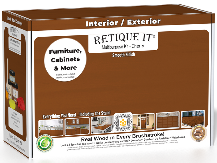 Retique It® Cherry Brush-On Multipurpose Kit box featuring a cherry wood finish and project examples for furniture, cabinets, doors, decks, and more.
