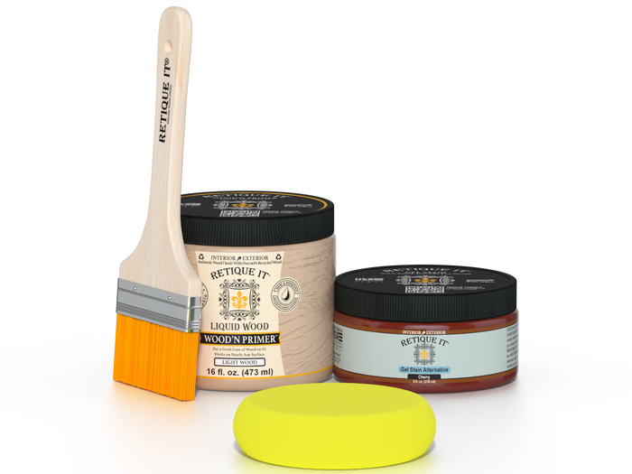Retique It® Cherry Brush-On Kit includes a brush, Light Wood primer, Cherry Gel Stain Alternative, and a yellow sponge.