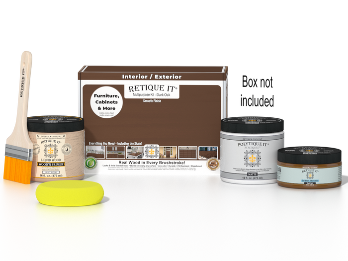 Retique It® Dark Oak Multipurpose Kit with Liquid Wood primer, Dark Oak gel stain alternative, PolyTique It® matte exterior top coat, paintbrush, and yellow sponge displayed with the product box.