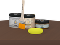 Retique It refinishing kit with Light Wood primer, Dark Oak gel stain alternative, matte Polytique It topcoat, a brush and yellow sponge.