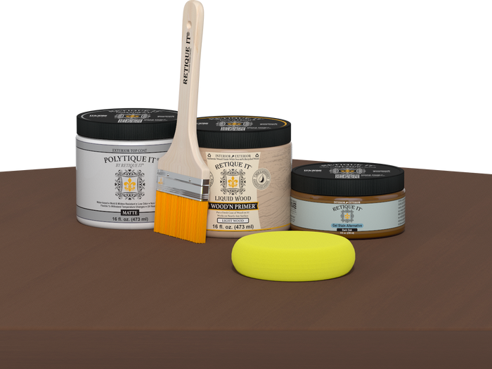 Retique It refinishing kit with Light Wood primer, Dark Oak gel stain alternative, matte Polytique It topcoat, a brush and yellow sponge.