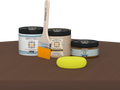 Retique It refinishing kit with Light Wood primer, Dark Oak gel stain alternative, matte Tripletique topcoat, a brush and yellow sponge.