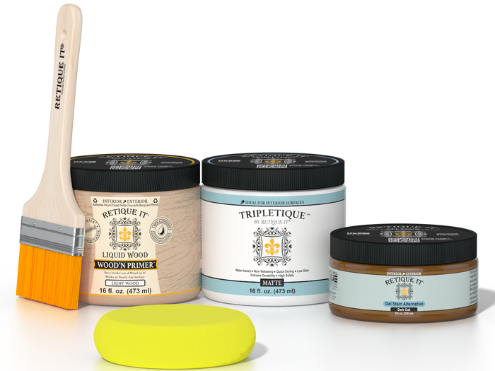 Retique It® Dark Oak Multipurpose Kit contents with Liquid Wood primer, Dark Oak gel stain alternative, Tripletique matte interior top coat, paintbrush, and yellow sponge.
