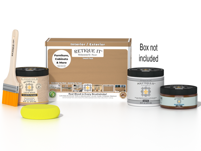 Retique It® Pecan Multipurpose Kit with Light Wood Liquid Wood primer, Pecan gel stain alternative, PolyTique It® matte exterior top coat, paintbrush, and yellow sponge displayed with the product box.