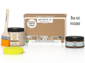 Retique It® Pecan Multipurpose Kit with Light Wood Liquid Wood primer, Pecan gel stain alternative, paintbrush, and yellow sponge displayed with the product box.