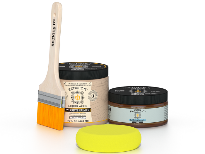Retique It® Pecan Multipurpose Kit contents with Light Wood Liquid Wood primer, Pecan gel stain alternative, paintbrush, and yellow sponge.