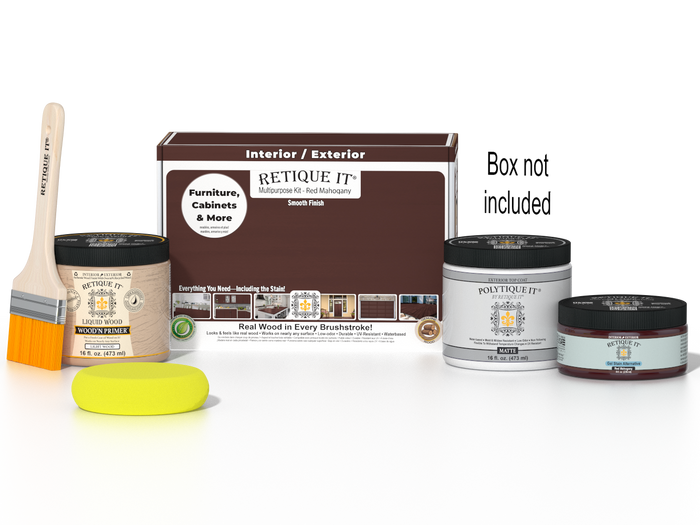 Retique It® Red Mahogany Multipurpose Kit with Liquid Wood primer, Red Mahogany gel stain alternative, PolyTique It® matte exterior top coat, paintbrush, and yellow sponge displayed with the product box.