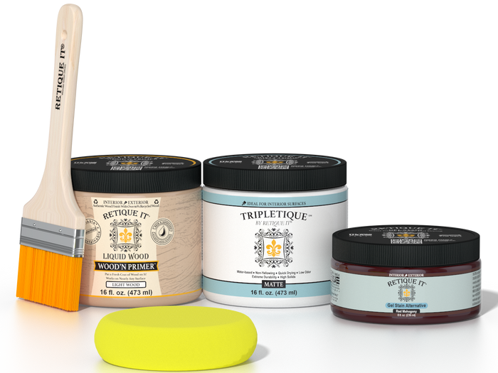 Retique It® Red Mahogany Multipurpose Kit contents with Liquid Wood primer, Red Mahogany gel stain alternative, Tripletique matte interior top coat, paintbrush, and yellow sponge.