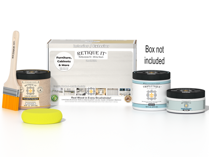 Retique It Multi-purpose Smooth Finish Kit in white wash for interior wood, featuring a matte top coat and wood finish components.