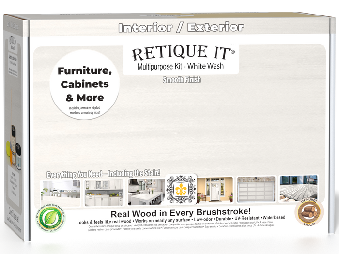 Retique It Multi-purpose Smooth Finish Kit in White Wash for interior wood projects, includes top coat and matte finish components.
