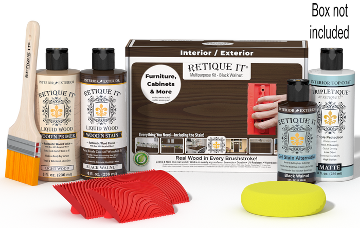 Retique It® Black Walnut Wood'n Kit with Matte TripleTique® shown with the Black Walnut Multipurpose Kit box, brush, Light Wood primer, Black Walnut stain, Black Walnut Gel Stain Alternative, Matte TripleTique® top coat, a yellow sponge, and a red graining tool.
