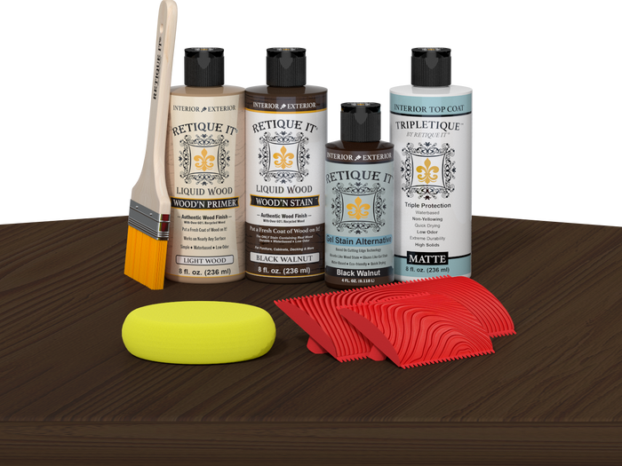 Retique It® Black Walnut Wood'n Kit with Matte TripleTique® includes a brush, Light Wood primer, Black Walnut stain, Black Walnut Gel Stain Alternative, Matte TripleTique® top coat, a yellow sponge, and a red graining tool.