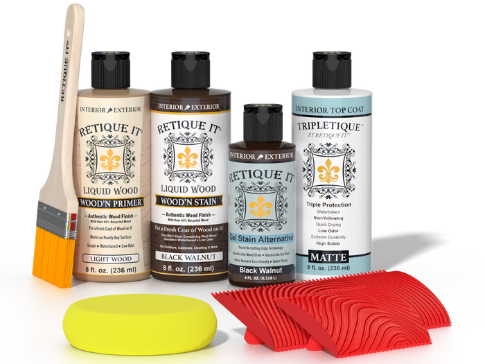 Retique It® Black Walnut Wood'n Kit with Matte TripleTique® includes a brush, Light Wood primer, Black Walnut stain, Black Walnut Gel Stain Alternative, Matte TripleTique® top coat, a yellow sponge, and a red graining tool.
