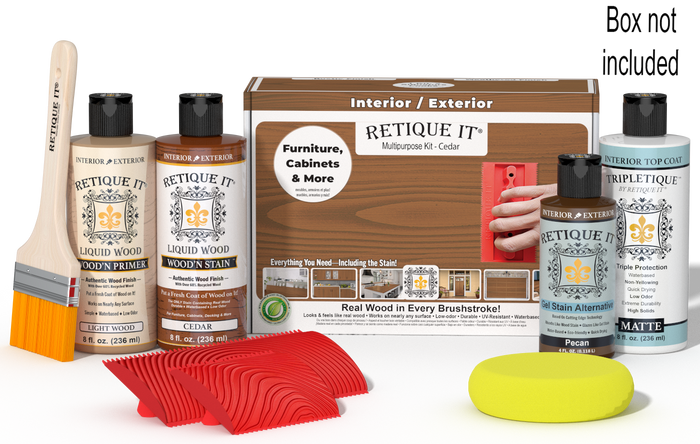 Retique It® Cedar Wood'n Kit with Matte TripleTique® shown with the Cedar Multipurpose Kit box, brush, Light Wood primer, Cedar stain, Pecan Gel Stain Alternative, Matte TripleTique® top coat, a yellow sponge, and a red graining tool.