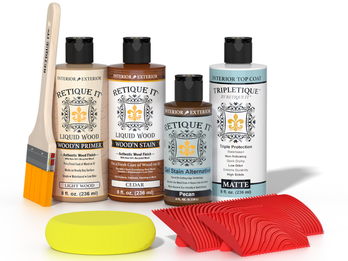 Retique It® Cedar Wood'n Kit with Matte TripleTique® includes a brush, Light Wood primer, Cedar stain, Pecan Gel Stain Alternative, Matte TripleTique® top coat, a yellow sponge, and a red graining tool.