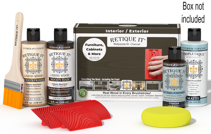 Retique It® Charcoal Multipurpose Kit with Light Wood primer, Charcoal stain, Charcoal gel stain alternative, Matte Tripletique® Top Coat, brush, red graining tool, yellow sponge, and product box.