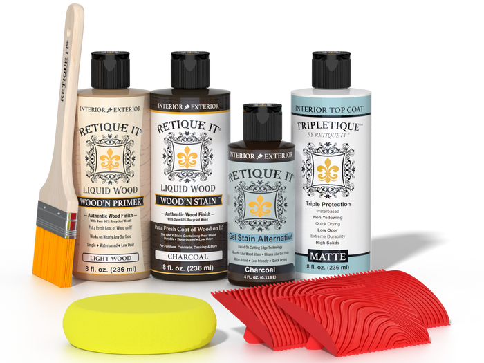 Retique It® Charcoal Wood'n Kit with Light Wood primer, Charcoal stain, Charcoal gel stain alternative, Matte Tripletique® Top Coat, brush, red graining tool, and yellow sponge.