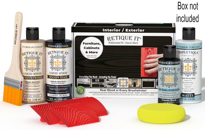 Retique It® Classic Black Multipurpose Kit with Light Wood primer, Classic Black stain, Classic Black gel stain alternative, Matte Tripletique® Top Coat, brush, red graining tool, yellow sponge, and product box.