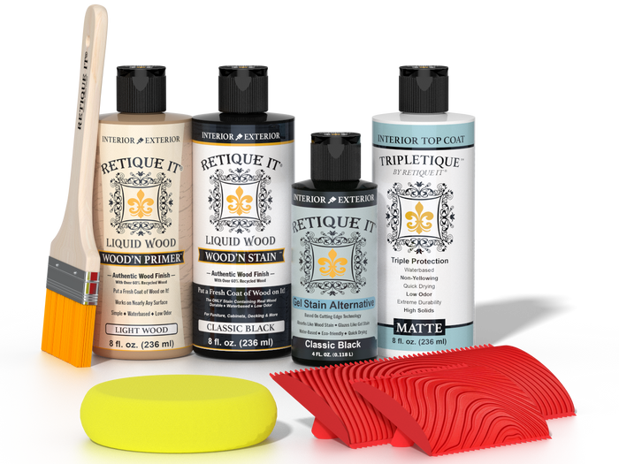 Retique It® Classic Black Wood'n Kit with Light Wood primer, Classic Black stain, Classic Black gel stain alternative, Matte Tripletique® Top Coat, brush, red graining tool, and yellow sponge.