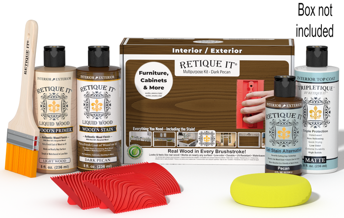 Retique It® Dark Pecan Multipurpose Kit with Light Wood primer, Dark Pecan stain, Pecan gel stain alternative, Matte Tripletique® Top Coat, brush, red graining tool, yellow sponge, and product box.