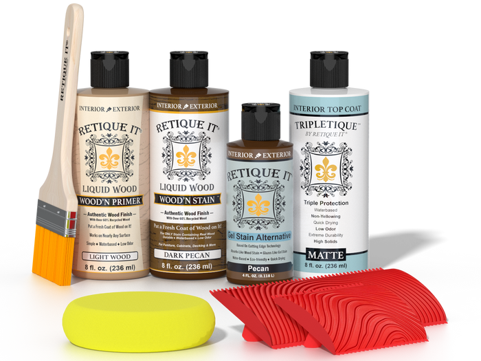 Retique It® Dark Pecan Wood'n Kit with Light Wood primer, Dark Pecan stain, Pecan gel stain alternative, Matte Tripletique® Top Coat, brush, red graining tool, and yellow sponge.