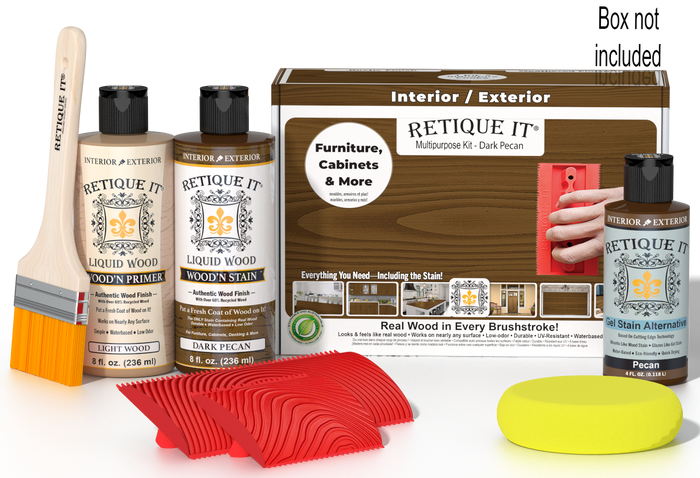Retique It Wood'n Finish Kit in Dark Pecan showing a kit box with wood finishing supplies and tools for multi-purpose wood projects.