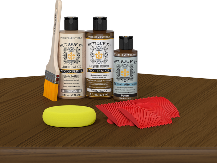 Multi-purpose Wood'n Kit in Dark Pecan by Retique It, featuring wood finish products on a table surface.