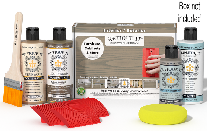 Retique It® Drift Wood Multipurpose Kit with Light Wood primer, Drift Wood stain, Weathered Wood gel stain alternative, Matte Tripletique® Top Coat, brush, red graining tool, yellow sponge, and product box.