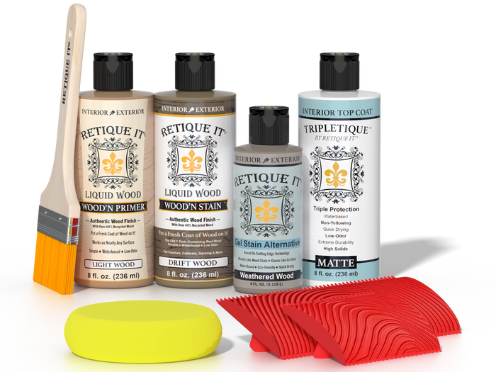 Retique It® Drift Wood Wood'n Kit with Light Wood primer, Drift Wood stain, Weathered Wood gel stain alternative, Matte Tripletique® Top Coat, brush, red graining tool, and yellow sponge.