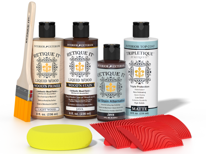 Retique It® Java Wood'n Kit with Light Wood primer, Java stain, Java gel stain alternative, Matte Tripletique® Top Coat, brush, red graining tool, and yellow sponge.