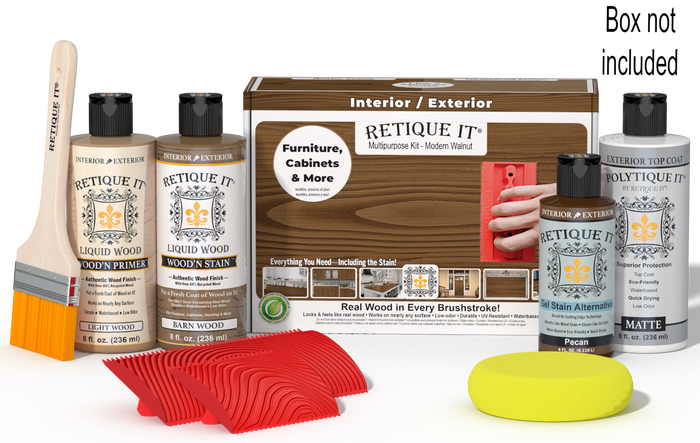 Retique It Wood'n Finish Kit in modern walnut with exterior topcoat, featuring wood finish products and application tools in a box.
