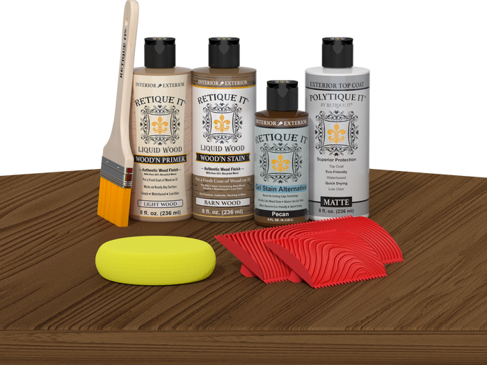 Retique It Wood'n Kit Multi-purpose Modern Walnut exterior topcoat with a wood finish kit displayed on a table.