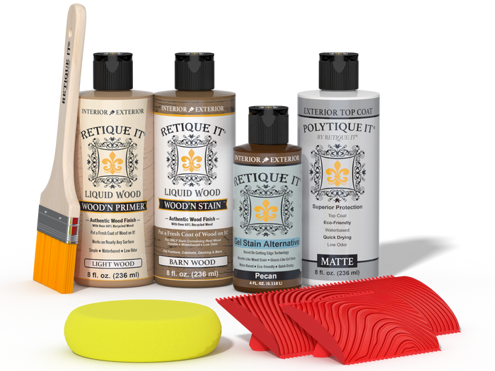 Retique It Wood'n Finish Kit in Modern Walnut with exterior topcoat, featuring wood finish and application tools.