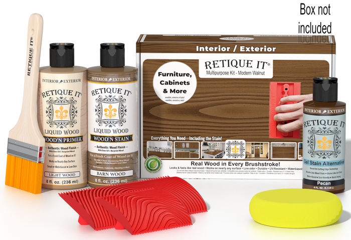 Retique It Wood'n Kit in Modern Walnut with applicator box, ideal for multi-purpose wood finishing projects.