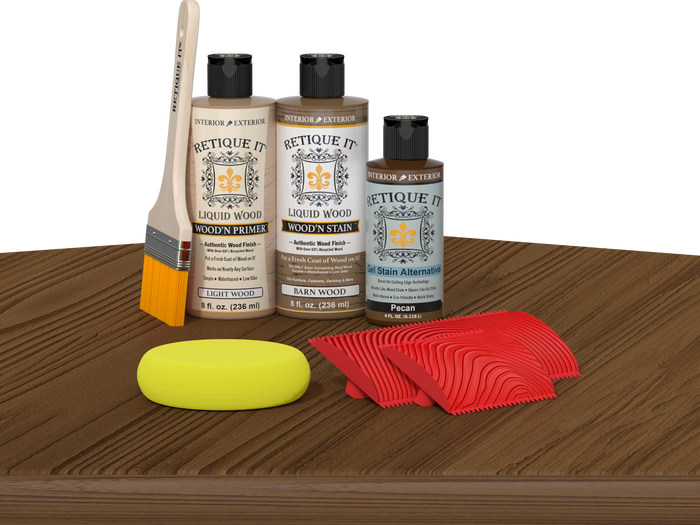 Retique It Wood'n Finish Kit in Modern Walnut on table, showcasing multi-purpose wood finishing set with applicators and tools.