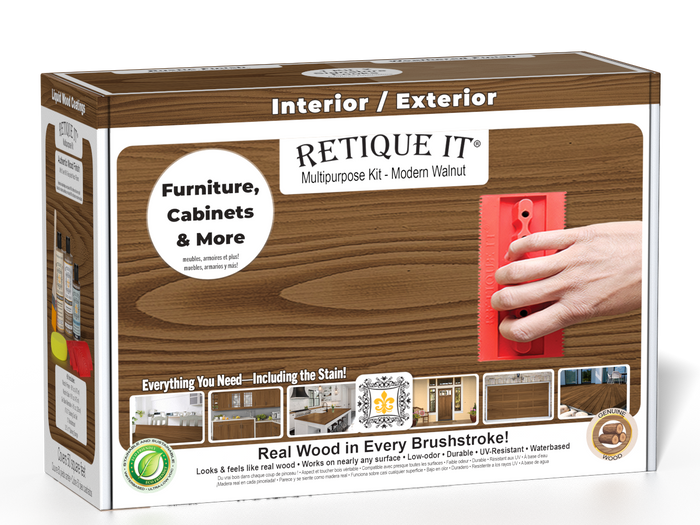 Retique It Wood'n Finish Kit in Modern Walnut, multi-purpose wood finishing set with wood stain and sealant in a box