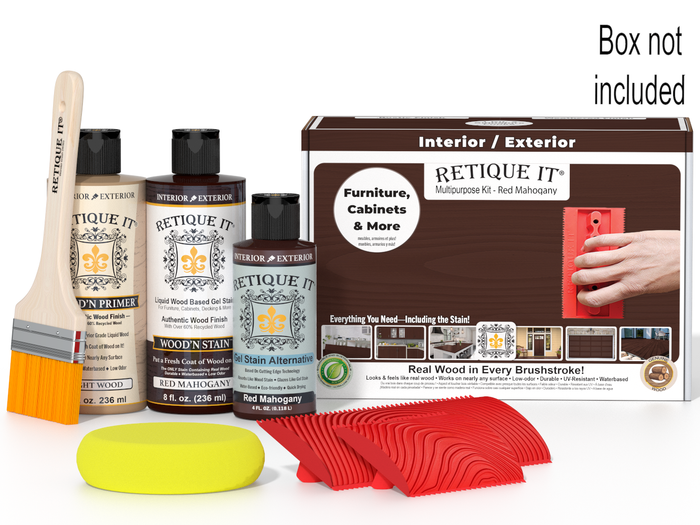 Retique It Wood'n Kit in Red Mahogany finish, multi-purpose wood finish kit with tools and supplies for wood projects.