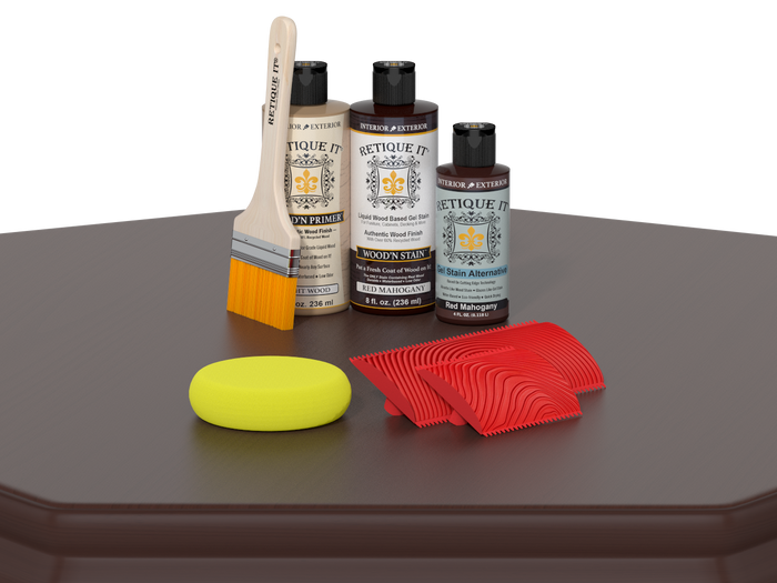 Red Mahogany Wood'n Finish Kit by Retique It for multi-purpose wood finishing, shown on a table in the image.