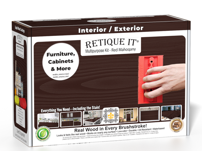 Retique It Wood'n Kit in Red Mahogany finish with brushes and applicators for multi-purpose wood finishing.