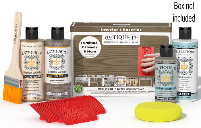 Retique It® Weathered Wood Wood'n Kit with Matte TripleTique® shown with the Weathered Wood Multipurpose Kit box, brush, Light Wood primer, Weathered Wood stain, Weathered Wood Gel Stain Alternative, Matte TripleTique® top coat, a yellow sponge, and a red graining tool.