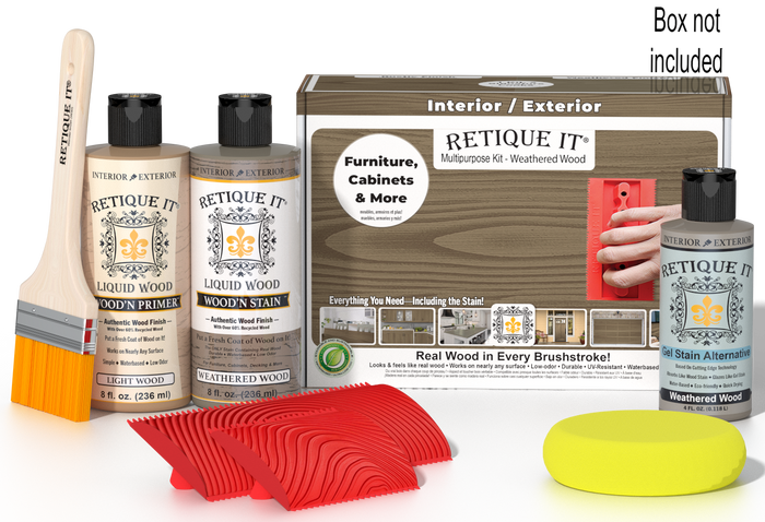 Retique It Weathered Wood Multi-purpose Wood'n Finish Kit with weathered wood-colored components and application tools.