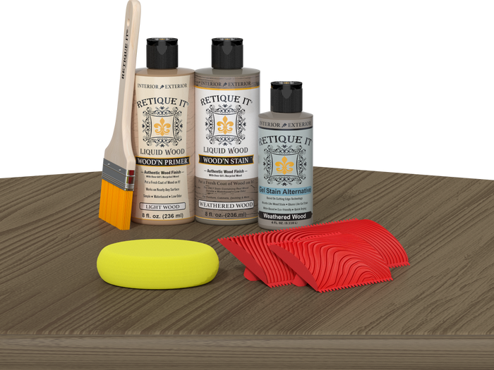 Weathered Wood Multi-purpose Wood'n Kit by Retique It with finish and tools on a table for wood furniture restoration.