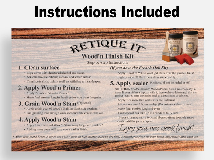 Front view of Retique It Wood'n Kit Weathered Wood with instructions for multi-purpose wood finish application.