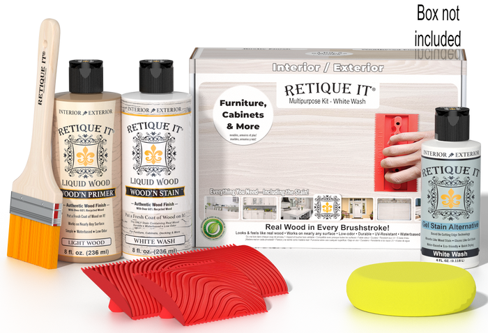 Retique It Wood'n Finish Kit in White Wash, multi-purpose wood finishing kit with applicator tools and white wash stain.