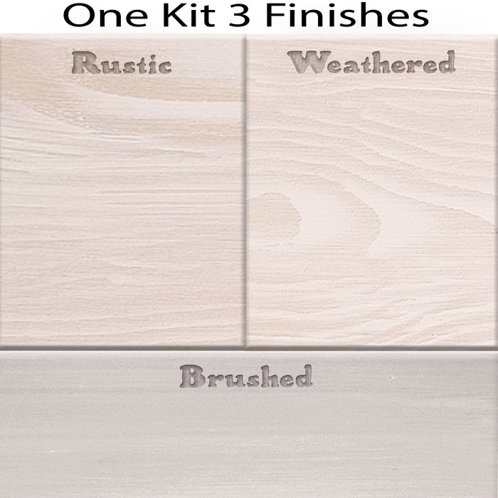 Swatch of Retique It Wood'n Finish Kit in White Wash showing three different wood finish options on sample wood panels.