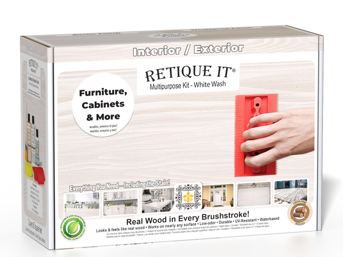 Retique It Wood'n Finish Kit in White Wash, multi-purpose wood finishing kit with brushes and tools for furniture projects.