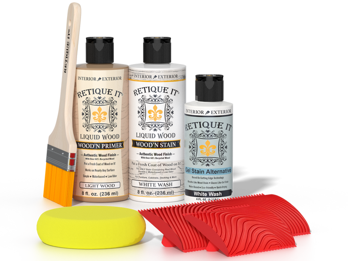 Retique It Wood'n Finish Kit in White Wash showing wood surface with white wash finish and application tools.