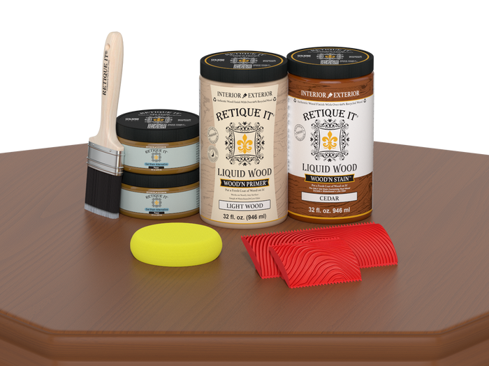 Large Cedar Wood'n Finish Kit by Retique It with wood samples and application tools for multi-purpose wood finishing projects.