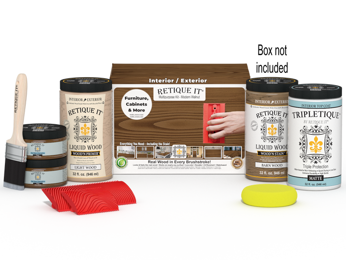Large Modern Walnut Wood'n Kit by Retique It for interior topcoat, includes wood finish products and application tools.