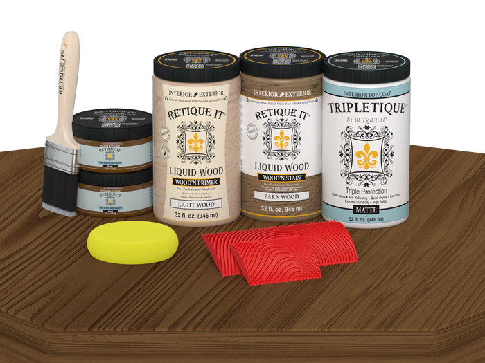 Large Modern Walnut Wood'n Finish Kit by Retique It with matte topcoat, displayed on a table for multi-purpose wood finishing.
